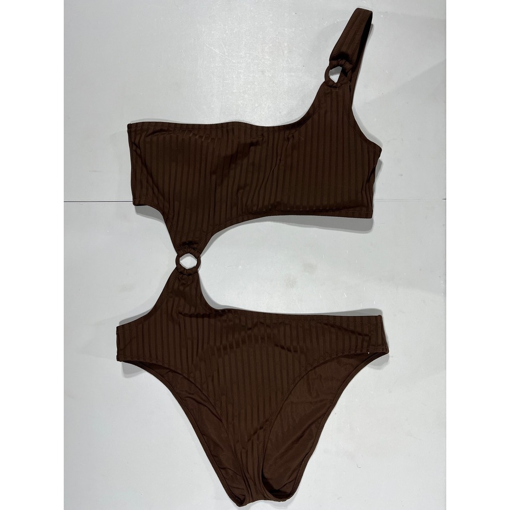 Aerie Beachy One Shoulder Cutout Ribbed‎ One Piece Swim Brown Womens XL Cheeky